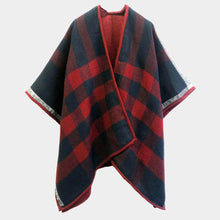 Load image into Gallery viewer, Navy Reversible Plaid Check Ruana Poncho
