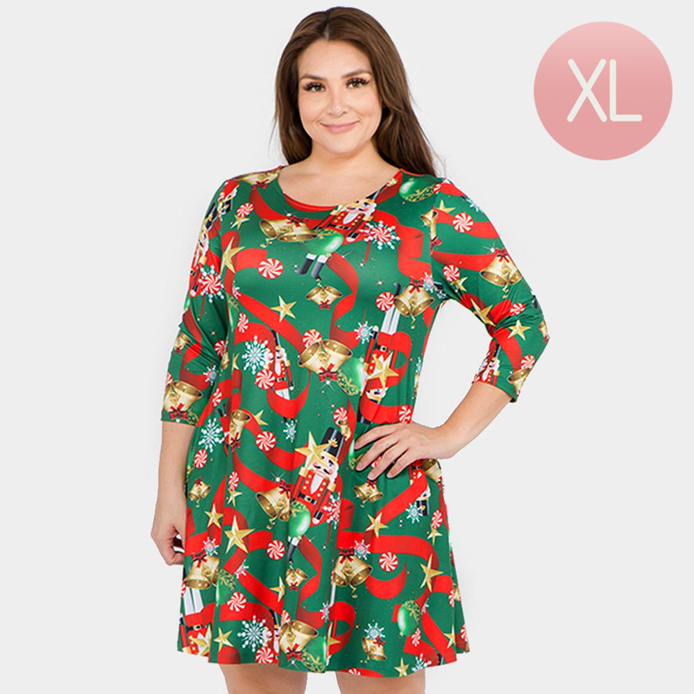 Green Nutcracker Christmas Print A-Line Dress