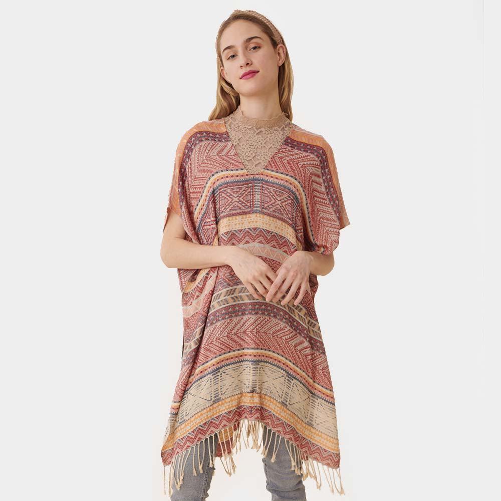 Peach Stripe Tassel Kaftan Poncho