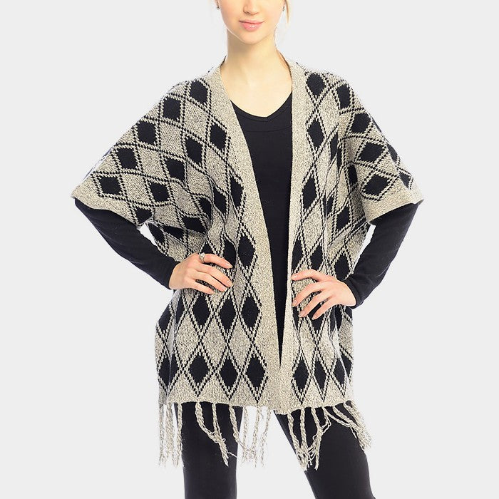 Beige DIAMOND PATTERN FRINGE TRIM PONCHO SHAWL