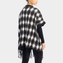 Load image into Gallery viewer, White DIAMOND PATTERN FRINGE TRIM PONCHO SHAWL
