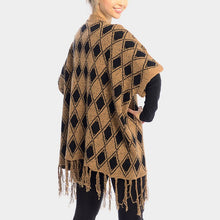 Load image into Gallery viewer, Brown DIAMOND PATTERN FRINGE TRIM PONCHO SHAWL
