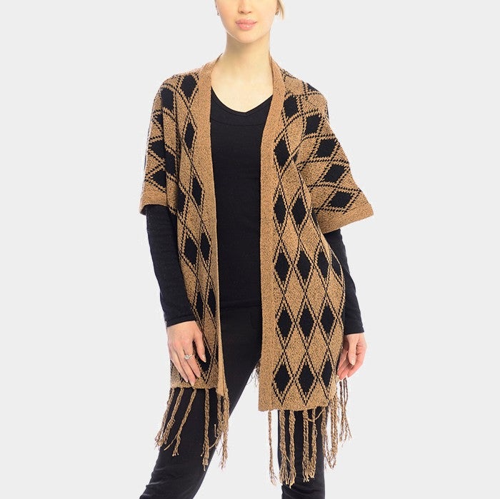 Brown DIAMOND PATTERN FRINGE TRIM PONCHO SHAWL