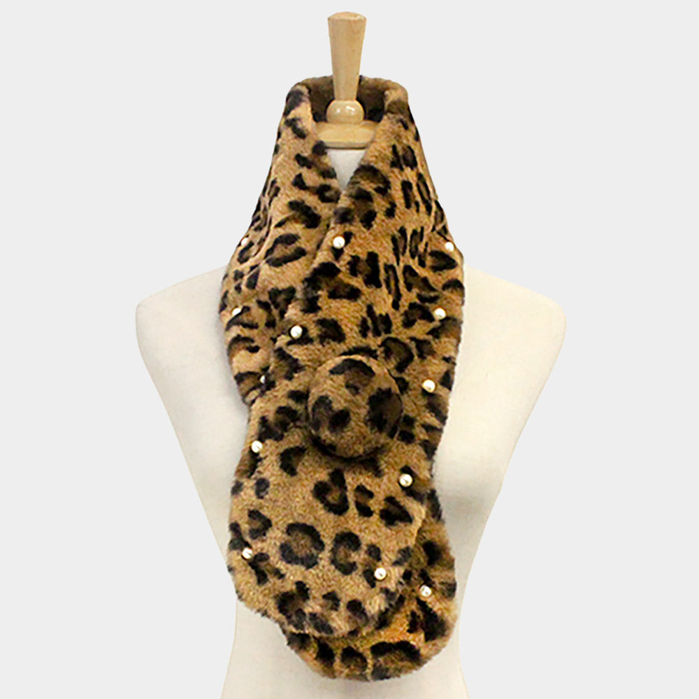 Pearl Embellished Leopard Patterned Faux Fur Pom Pom Pull Through Scarf