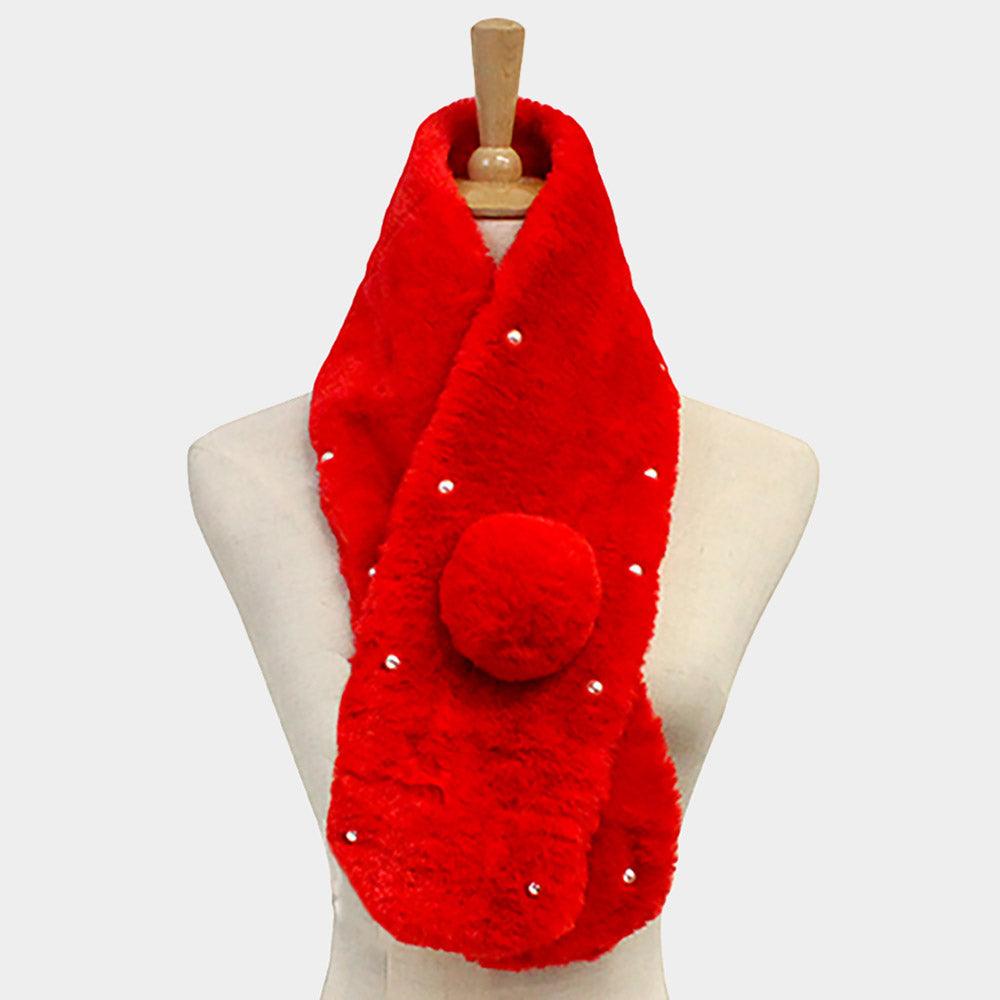 Red Pearl Embellished Faux Fur Pom Pom Pull Through Scarf