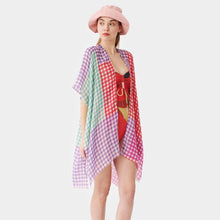 Load image into Gallery viewer, Purple Gingham Check Cover Up Kimono Poncho
