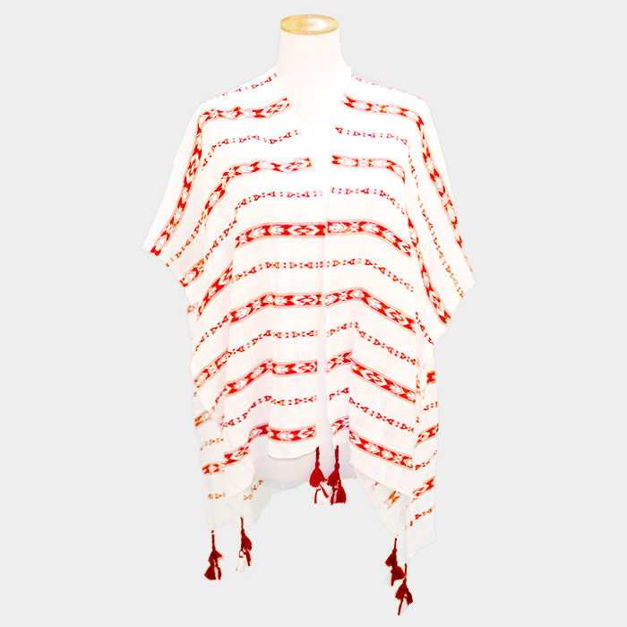 Red Aztec pattern tassel poncho