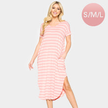 Load image into Gallery viewer, Pink Striped Curved Hem Midi Pockets Dress
