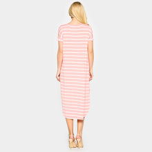 Load image into Gallery viewer, Pink Striped Curved Hem Midi Pockets Dress
