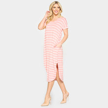 Load image into Gallery viewer, Pink Striped Curved Hem Midi Pockets Dress
