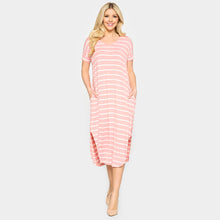 Load image into Gallery viewer, Pink Striped Curved Hem Midi Pockets Dress
