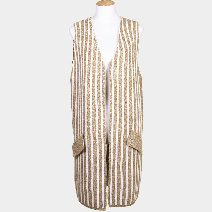 Taupe Striped Long Vest