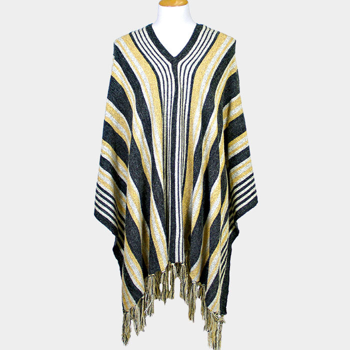 Black STRIPED FRINGE EDGE PONCHO SWEATER