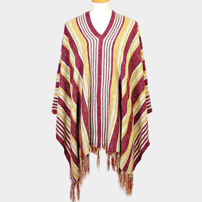 Burgundy STRIPED FRINGE EDGE PONCHO SWEATER