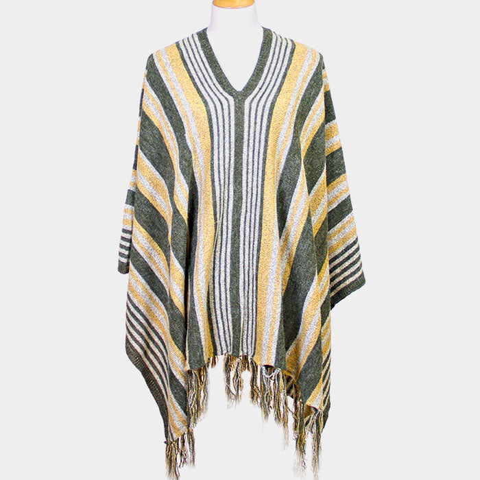 Green STRIPED FRINGE EDGE PONCHO SWEATER