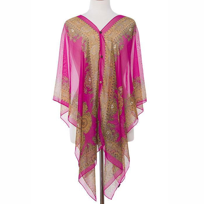 Fuchsia Button Detail Paisley Print V-neck  Cape Poncho