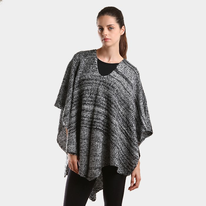 Black Two tone knit V- neck poncho