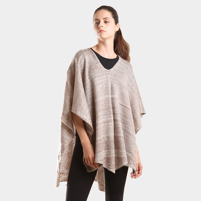 Taupe Two tone knit V- neck poncho