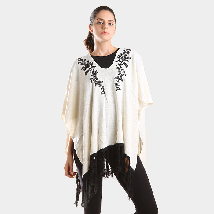 Black Embroidered flower vine & tassel poncho sweater