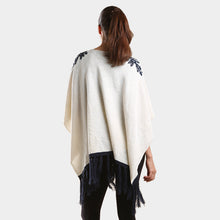 Load image into Gallery viewer, Navy Embroidered flower vine &amp; tassel poncho sweater
