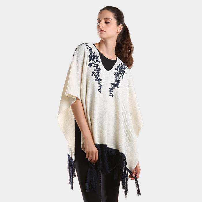 Navy Embroidered flower vine & tassel poncho sweater