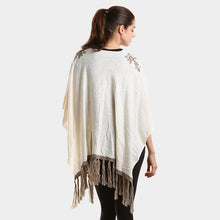 Load image into Gallery viewer, Taupe Embroidered flower vine &amp; tassel poncho sweater
