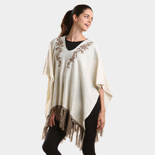 Load image into Gallery viewer, Taupe Embroidered flower vine &amp; tassel poncho sweater
