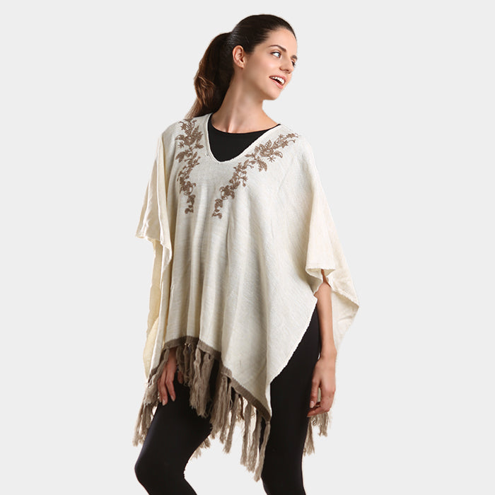 Taupe Embroidered flower vine & tassel poncho sweater