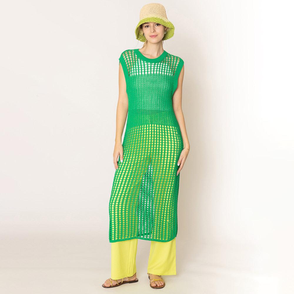 Green Chest Blocked Crochet Long Dress