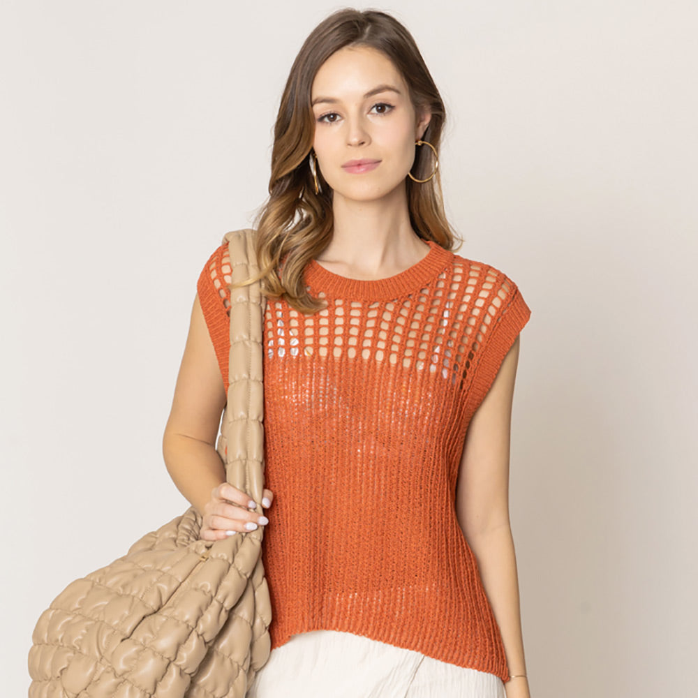 Rust Chest Blocked Crochet Poncho Vest