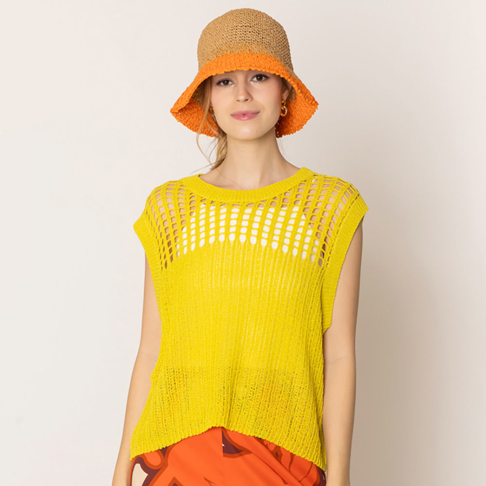 Yellow Chest Blocked Crochet Poncho Vest