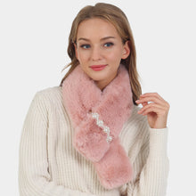 Load image into Gallery viewer, Pink Pearl Flower Faux Fur Pull Through Scarf
