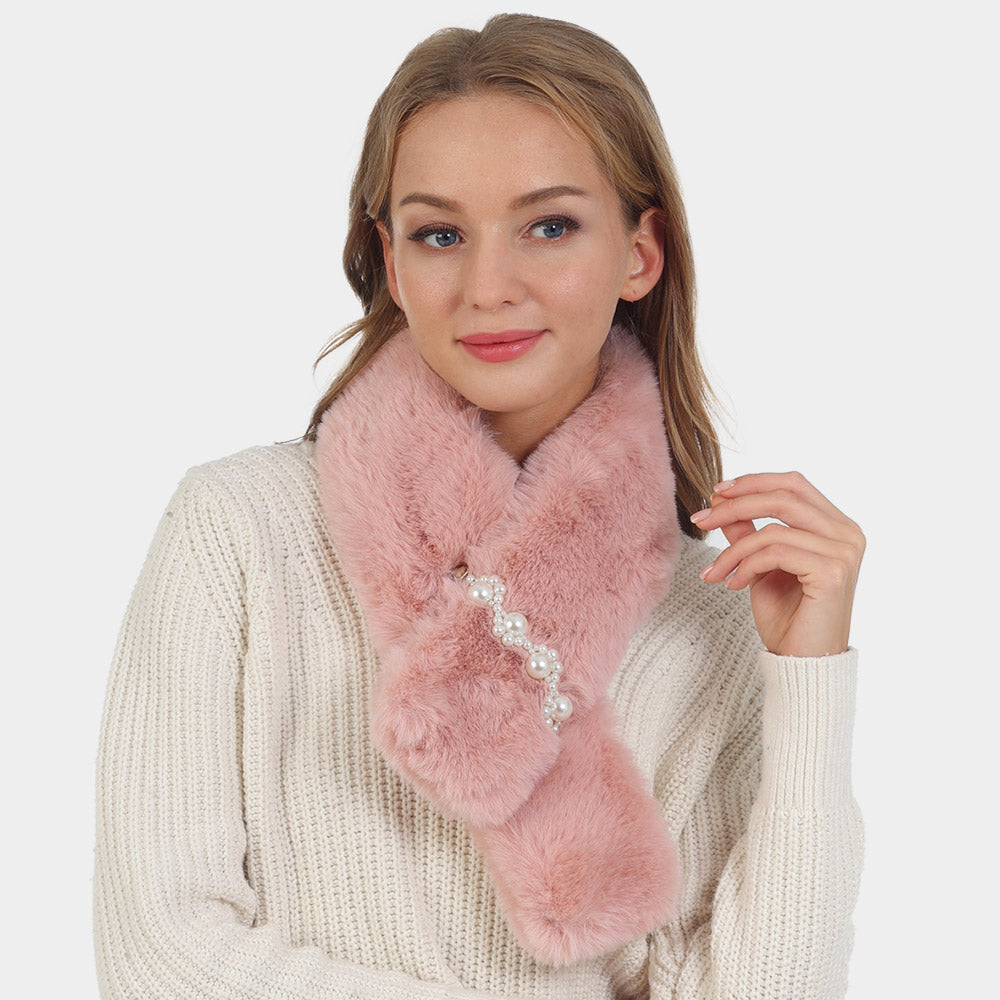 Pink Pearl Flower Faux Fur Pull Through Scarf