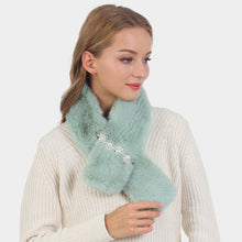 Load image into Gallery viewer, Mint Pearl Flower Faux Fur Pull Through Scarf
