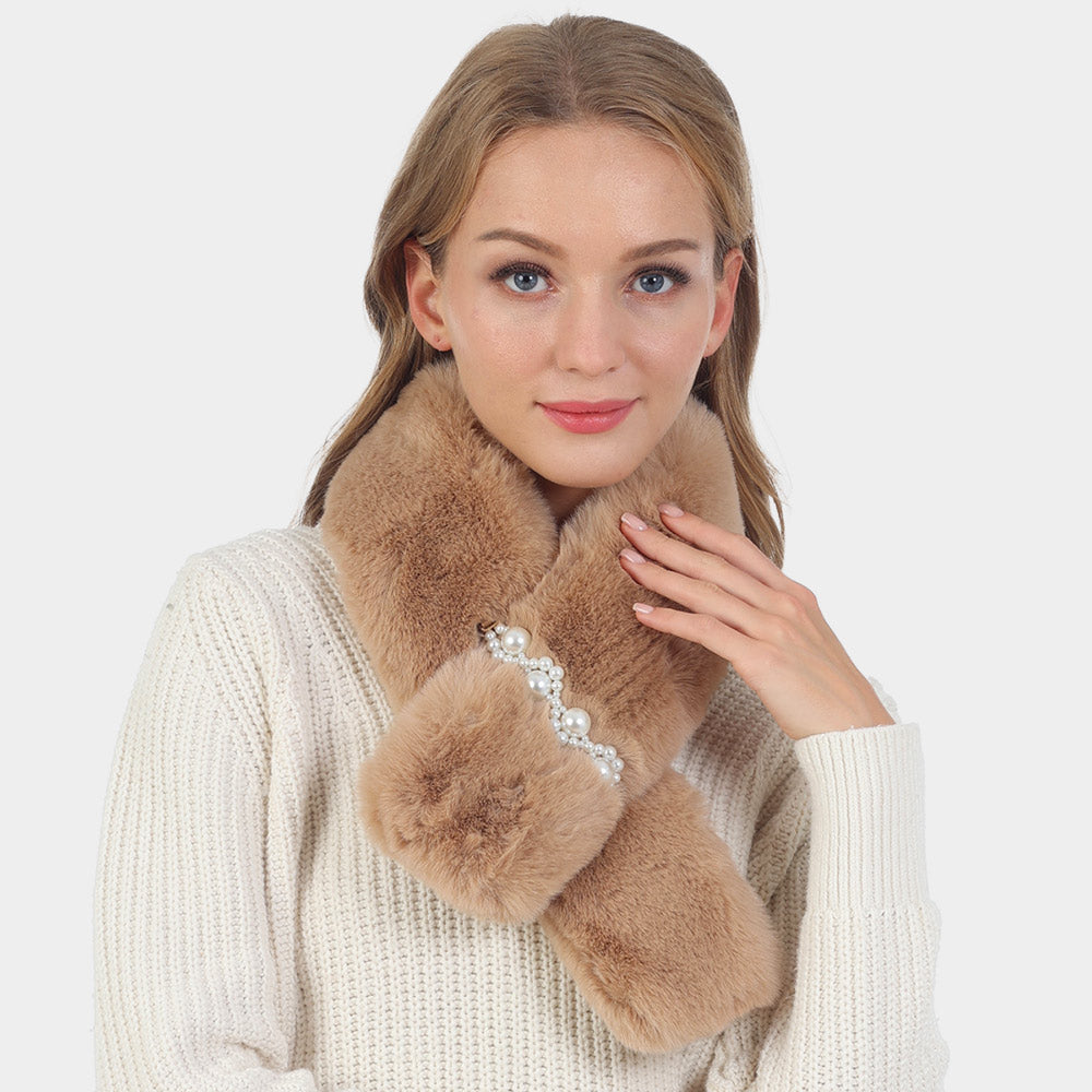 Taupe Pearl Flower Faux Fur Pull Through Scarf