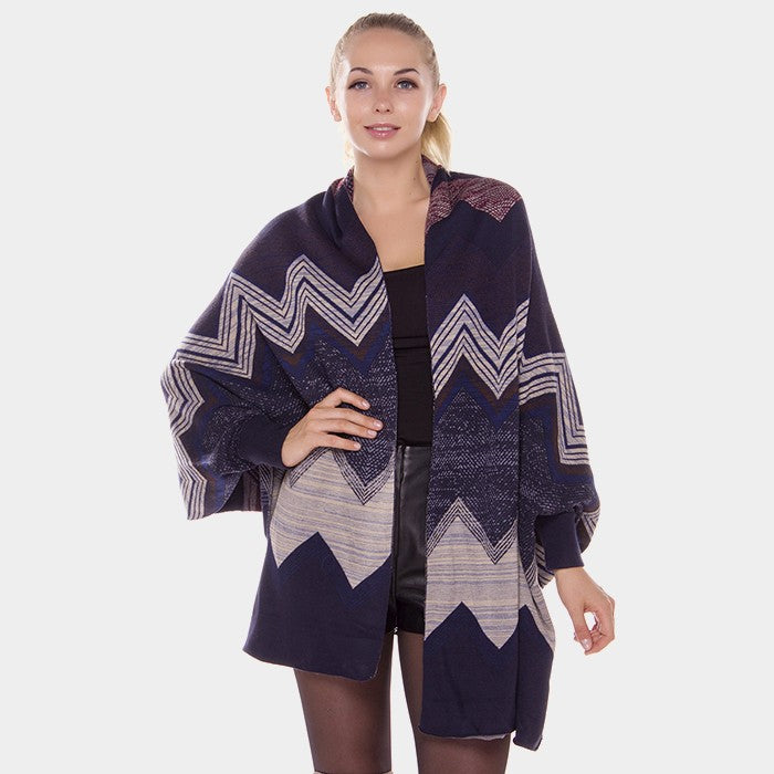 Blue Chevron pattern loose cardigan poncho