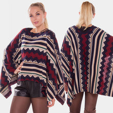 Load image into Gallery viewer, Navy Geometric stripe lace up detail poncho
