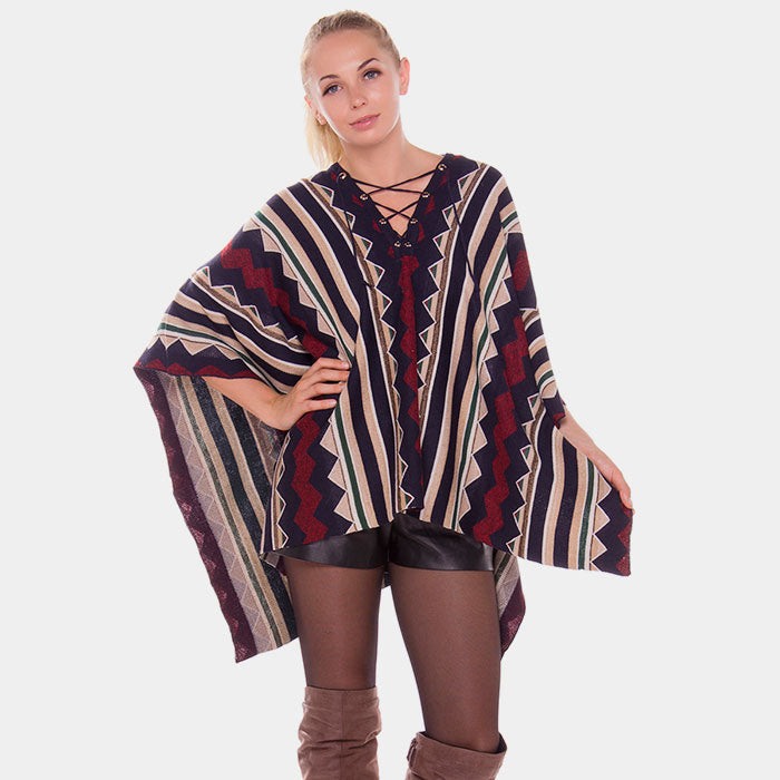 Navy Geometric stripe lace up detail poncho