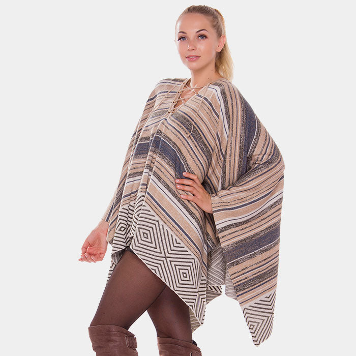 Khaki Geometric stripe lace up detail poncho