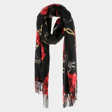 Load image into Gallery viewer, Black Flower Chain Print Tassel Oblong Scarf
