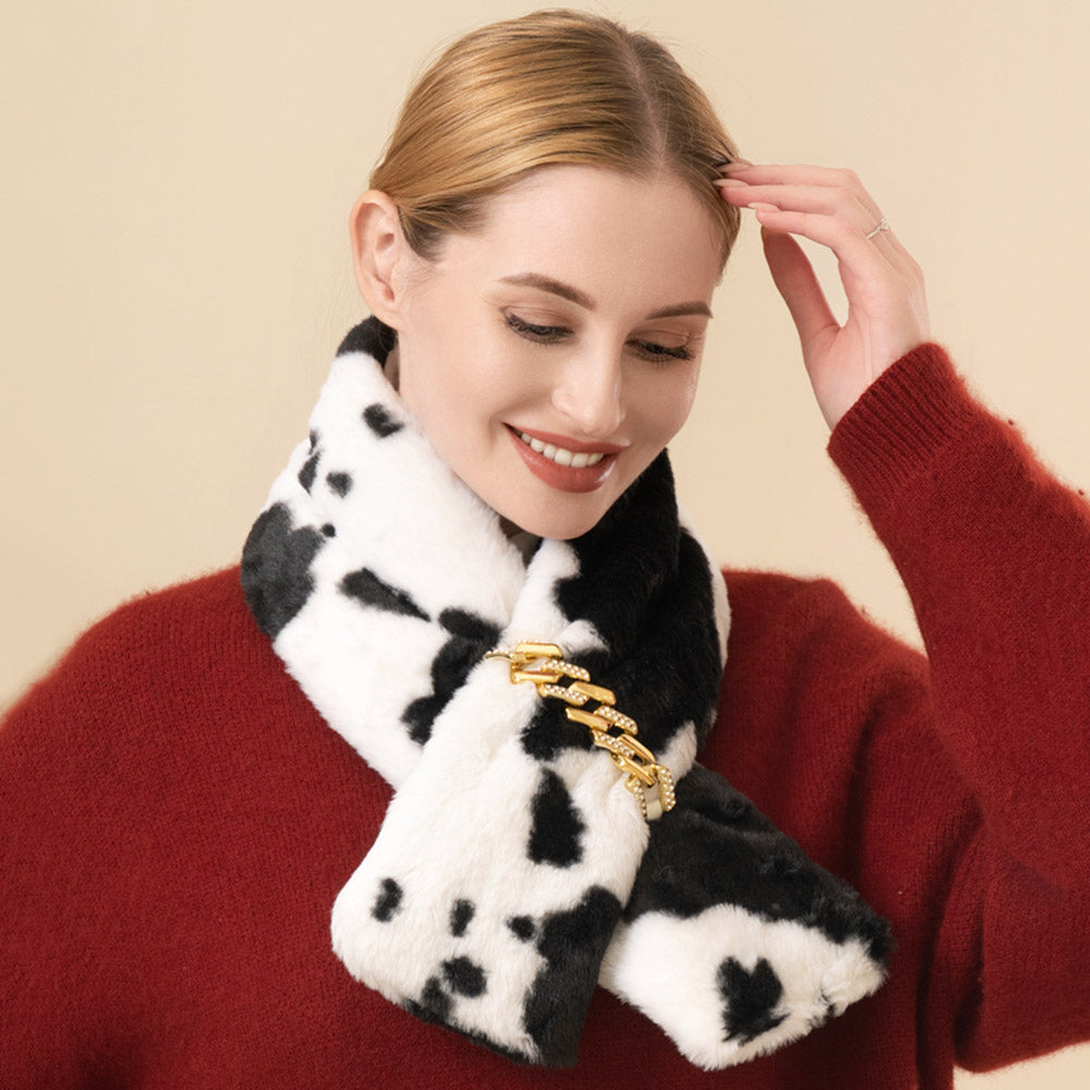 White Faux Fur Cow Patterned Chain Pull Through Scarf