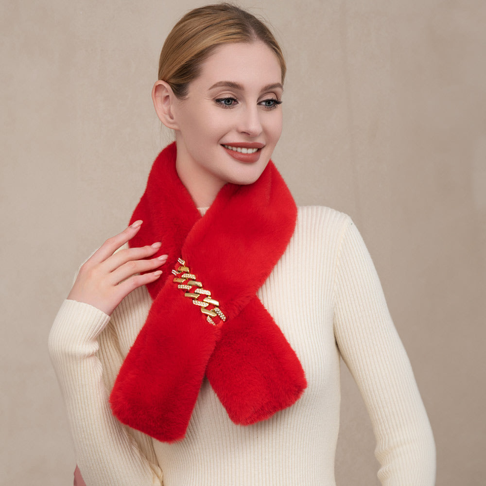 Red Solid Faux Fur Chain Pull Through Scarf