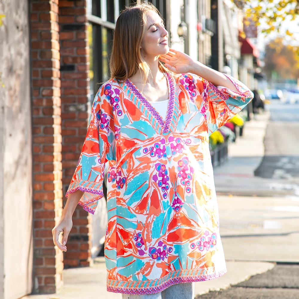 Orange Floral Printed Cover Up Dress