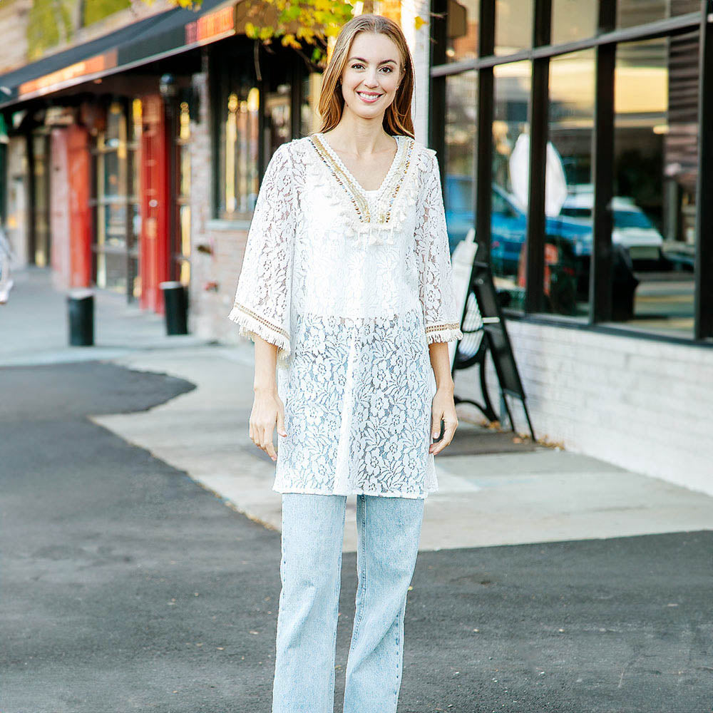 White Metal Studs and Sequin V Lace Cover Up Dress