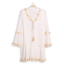 Load image into Gallery viewer, White Pom Pom Tassel Tie knot V Neck Lace Cover Up Dress
