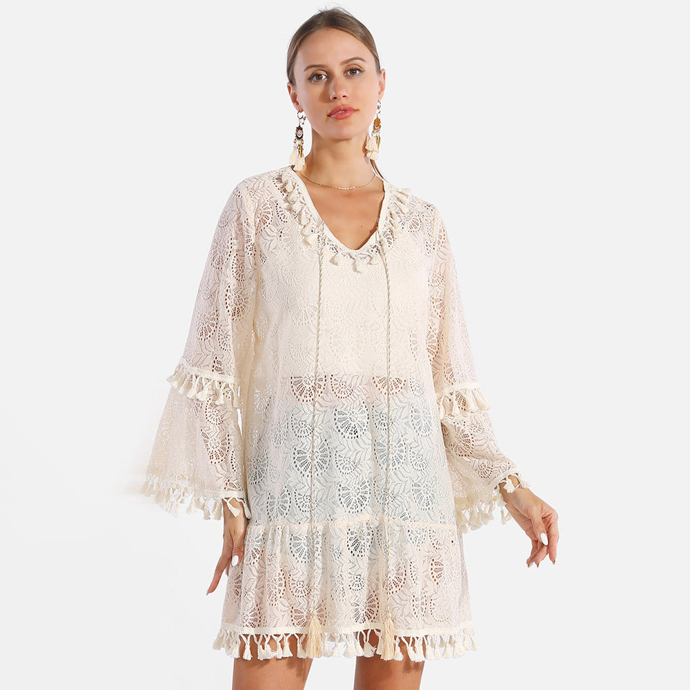 White Tassel Tie-Knot V Neck Lace Cover Up Dress