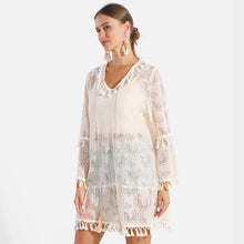 Load image into Gallery viewer, White Tassel Tie-Knot V Neck Lace Cover Up Dress
