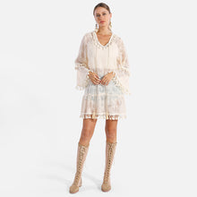 Load image into Gallery viewer, White Tassel Tie-Knot V Neck Lace Cover Up Dress
