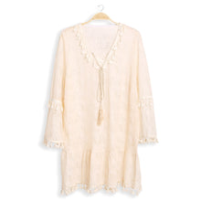 Load image into Gallery viewer, White Tassel Tie-Knot V Neck Lace Cover Up Dress
