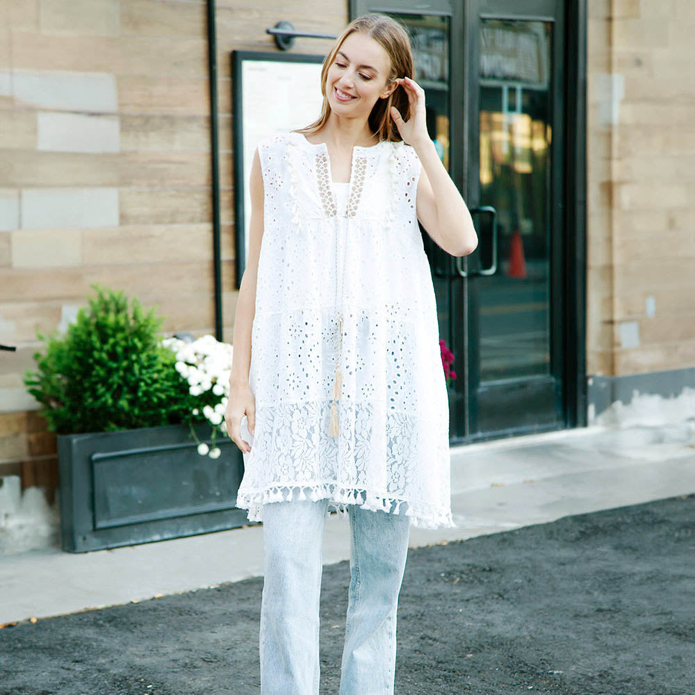 White Sleeveless Tie-Knot Lace Cover Up Dress